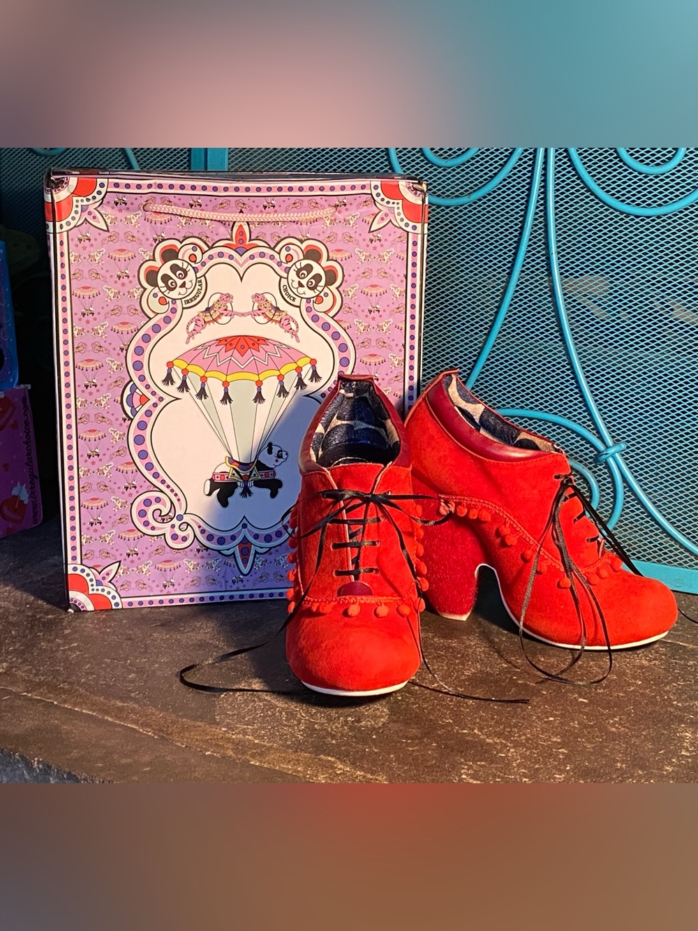Irregular Choice TEA CUP shoe booties,red/black laces,fur heels,Pom poms,w/box,7